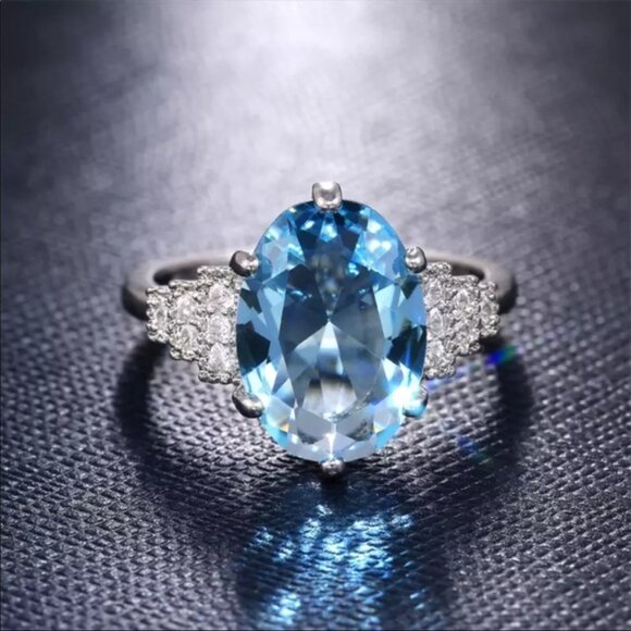 New Oval Cut 925 Silver Beautiful Aquamarine Ring - Picture 4 of 5